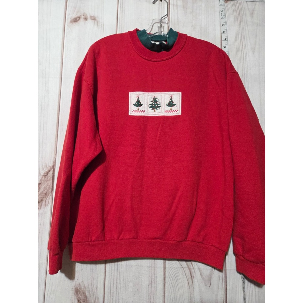Ladies Large Vintage Christmas Tree Sweatshirt Red Green Holiday Crewneck